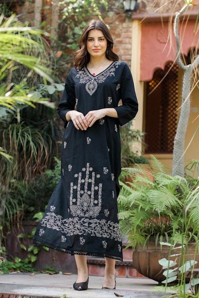 Alternate image for Cotton Maxi Dress with Chikankari Hand Embroidery Midnight Bliss