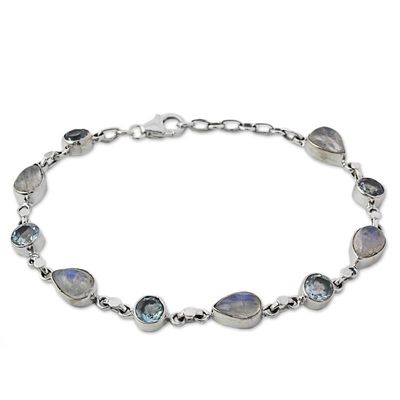 Alternate image for Blue Topaz and Rainbow Moonstone Gemstone Station Bracelet Misty Sky