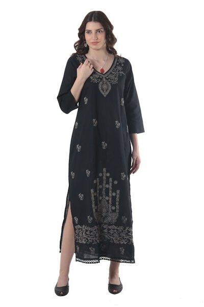 Alternate image for Cotton Maxi Dress with Chikankari Hand Embroidery Midnight Bliss