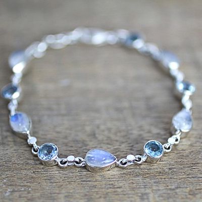 Alternate image for Blue Topaz and Rainbow Moonstone Gemstone Station Bracelet Misty Sky