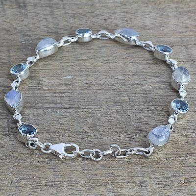 Alternate image for Blue Topaz and Rainbow Moonstone Gemstone Station Bracelet Misty Sky