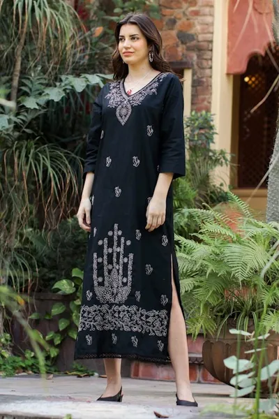 Alternate image for Cotton Maxi Dress with Chikankari Hand Embroidery Midnight Bliss