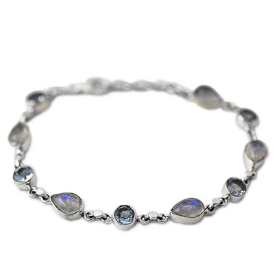 Alternate image for Blue Topaz and Rainbow Moonstone Gemstone Station Bracelet Misty Sky