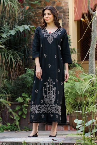 Alternate image for Cotton Maxi Dress with Chikankari Hand Embroidery Midnight Bliss