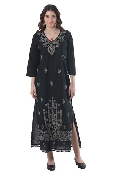 Alternate image for Cotton Maxi Dress with Chikankari Hand Embroidery Midnight Bliss