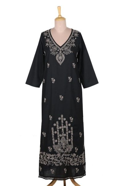 Alternate image for Cotton Maxi Dress with Chikankari Hand Embroidery Midnight Bliss