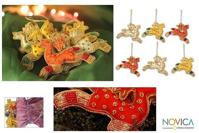 Alternate image for 6 Beaded Hand Crafted Christmas Tree Ornaments from India Reindeer Gang