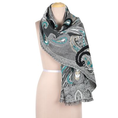 Alternate image for Hand-Embroidered Wool Shawl with Turquoise Details Caribbean Paisley