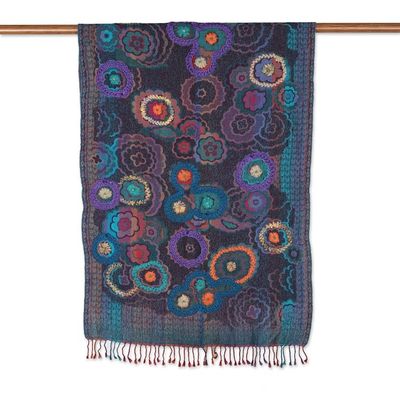 Alternate image for Hand-Embroidered Wool Shawl with Vibrant Floral Pattern Blooming Mirage