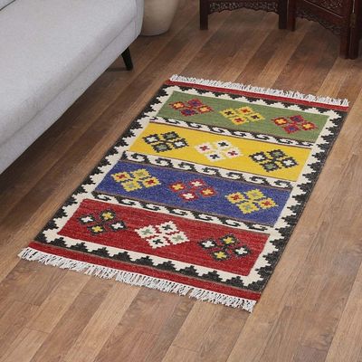 Alternate image for Handloomed Geometric Colorful Wool Area Rug from India 3x5 Unique Home