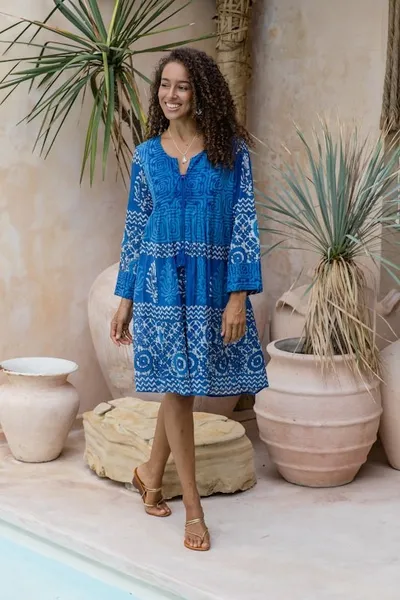 Alternate image for Embroidered Blue Cotton Easy-Fit A-Line Dress from India Heavenly Blue