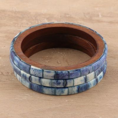 Alternate image for Blue Bone and Mango Wood Bangle Bracelets Set of 3 Blue Saga