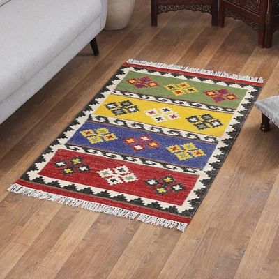 Alternate image for Handloomed Geometric Colorful Wool Area Rug from India 3x5 Unique Home