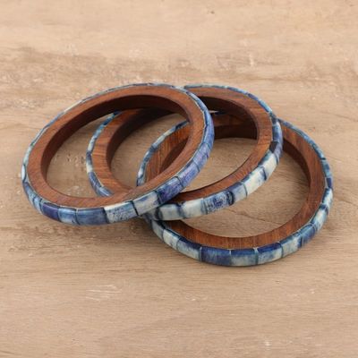Alternate image for Blue Bone and Mango Wood Bangle Bracelets Set of 3 Blue Saga