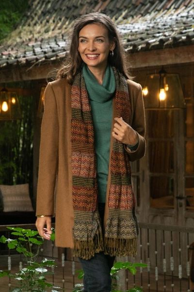 Alternate image for Wave Pattern Wool Scarf from India Autumn Waves