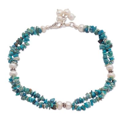 Alternate image for Cultured Pearl and Calcite Beaded Strand Anklet from India Nautical Song
