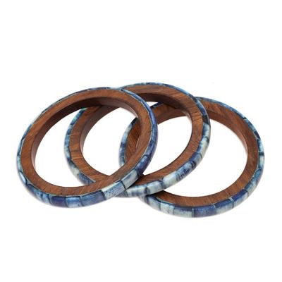 Alternate image for Blue Bone and Mango Wood Bangle Bracelets Set of 3 Blue Saga