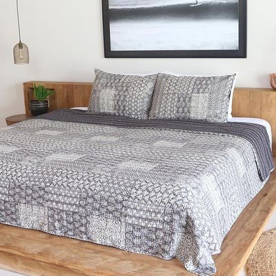 Alternate image for Kantha Cotton Bedspread and Shams in Grey 3 Piece Kantha Charm in Grey