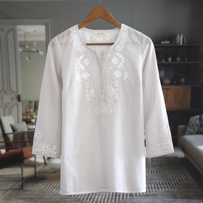 Alternate image for 34 Sleeve Grey Cotton Tunic with White Machine Embroidery Summer Elegance