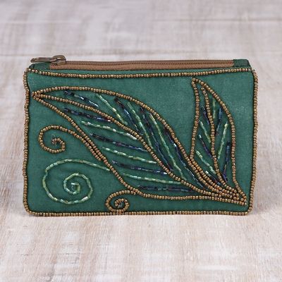 Alternate image for Pine Green Cotton and Silk Clutch with Leaf Motif Beading Enchanting