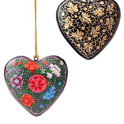 Alternate image for 4 Floral Hearts Artisan Crafted Papier Mache Ornaments Set Season of Love
