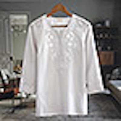 Alternate image for 34 Sleeve Grey Cotton Tunic with White Machine Embroidery Summer Elegance