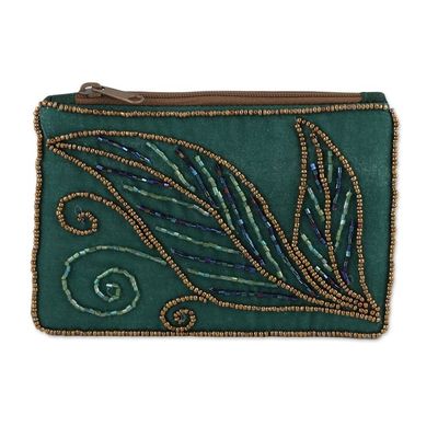 Alternate image for Pine Green Cotton and Silk Clutch with Leaf Motif Beading Enchanting