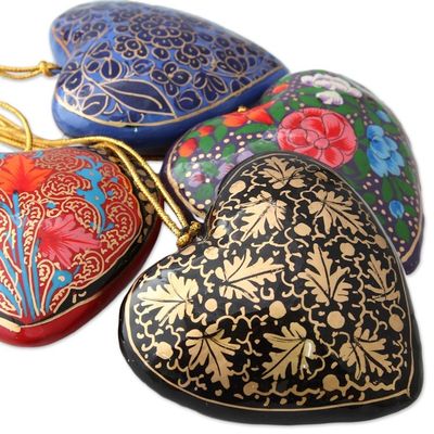 Alternate image for 4 Floral Hearts Artisan Crafted Papier Mache Ornaments Set Season of Love