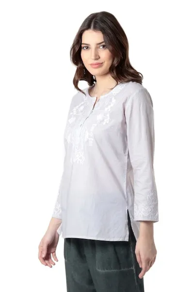 Alternate image for 34 Sleeve Grey Cotton Tunic with White Machine Embroidery Summer Elegance