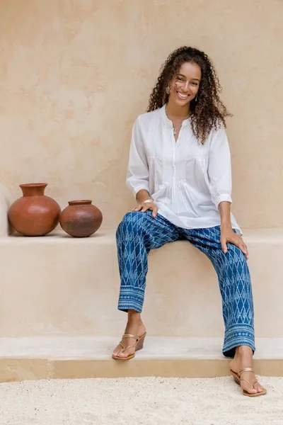 Alternate image for Hand-Block Printed Diamond-Themed Cyan and Blue Cotton Pants Cyan Diamonds