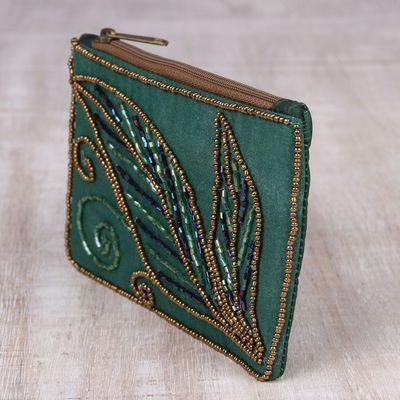 Alternate image for Pine Green Cotton and Silk Clutch with Leaf Motif Beading Enchanting