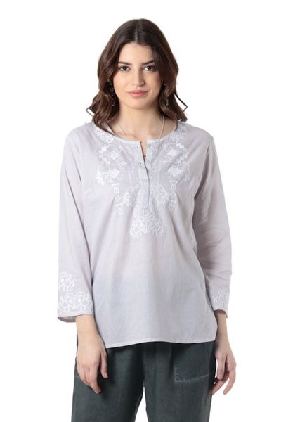 Alternate image for 34 Sleeve Grey Cotton Tunic with White Machine Embroidery Summer Elegance
