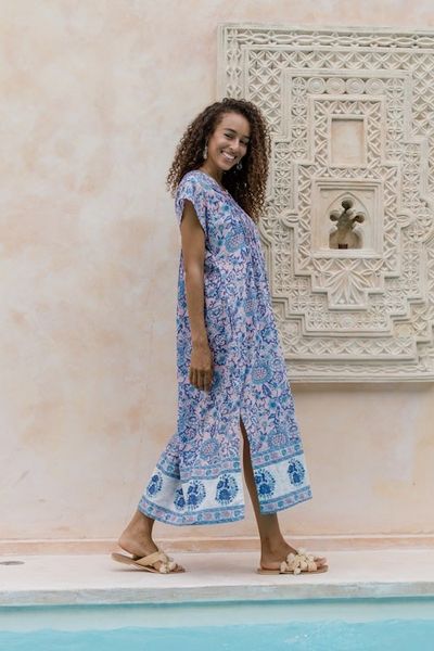 Alternate image for Blue and Turquoise Floral Cotton Empire Waist Maxi Dress Bloom Lagoon