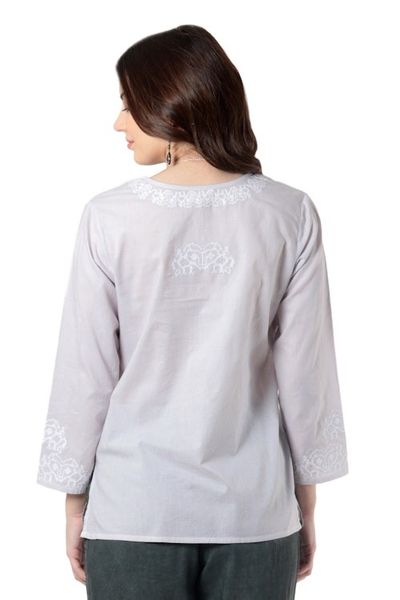 Alternate image for 34 Sleeve Grey Cotton Tunic with White Machine Embroidery Summer Elegance
