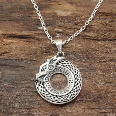 Alternate image for Circular Sterling Silver Dragon Necklace from India Dragon Ouroboros