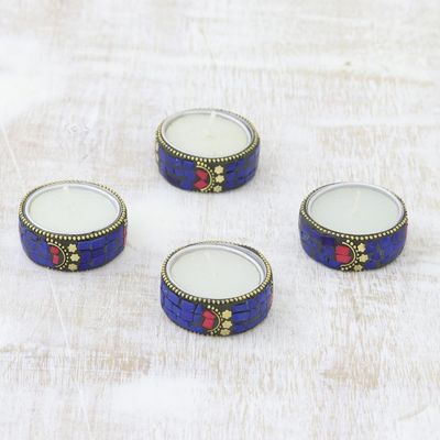Alternate image for Set of Four Resin Coated Tea Lights with Brass Beads Shimmering Stars