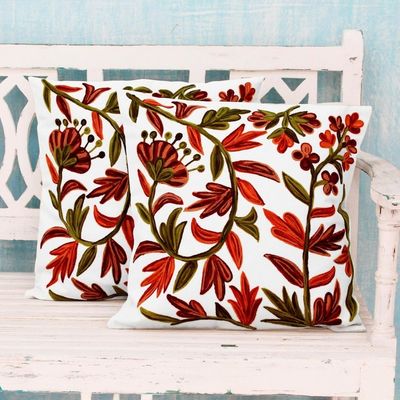Alternate image for Aari Embroidery Ivory Cotton Cushion Covers Pair Bronze Blossoms