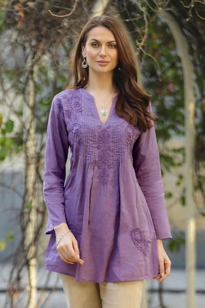 Alternate image for Hand Embroidered Lilac Cotton Tunic from India Lilac Garden
