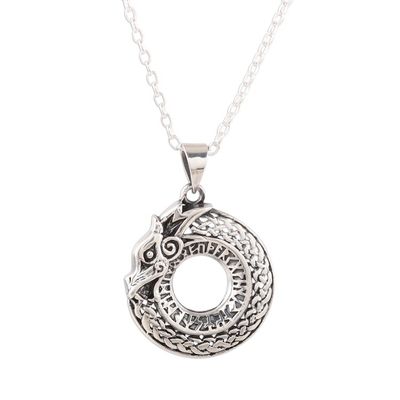Alternate image for Circular Sterling Silver Dragon Necklace from India Dragon Ouroboros
