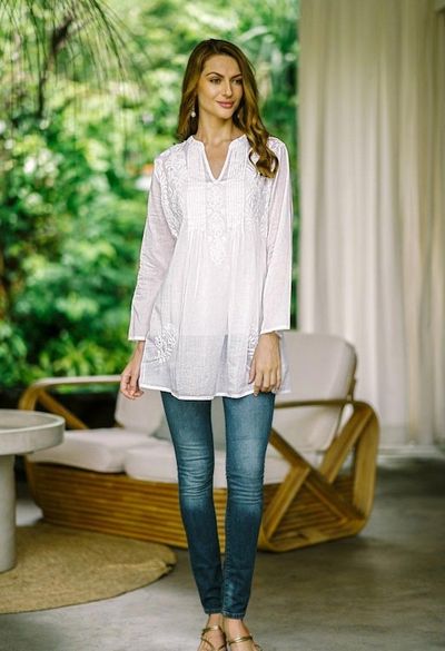 Alternate image for Long Sleeve Floral White Blouse Hand Embroidered in India Ethereal Bloom