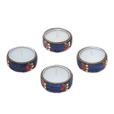 Alternate image for Set of Four Resin Coated Tea Lights with Brass Beads Shimmering Stars