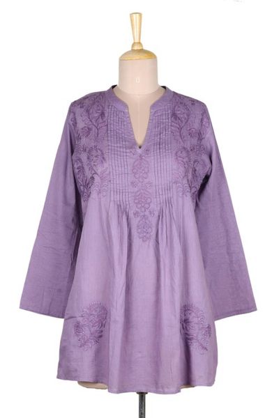 Alternate image for Hand Embroidered Lilac Cotton Tunic from India Lilac Garden