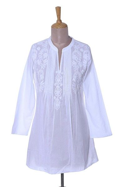 Alternate image for Long Sleeve Floral White Blouse Hand Embroidered in India Ethereal Bloom