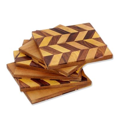 Alternate image for Diagonal Motif Mango Wood Coasters from India Set of 6 Diagonal Elegance
