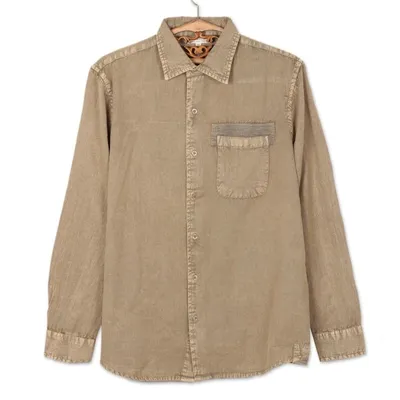 Alternate image for Mens Long-Sleeved Cotton Shirt in Khaki from India Casual Flair in Khaki