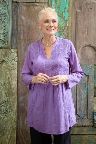 Alternate image for Hand Embroidered Lilac Cotton Tunic from India Lilac Garden