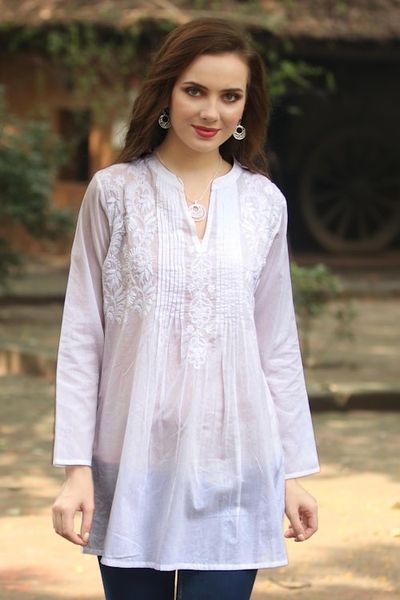 Alternate image for Long Sleeve Floral White Blouse Hand Embroidered in India Ethereal Bloom