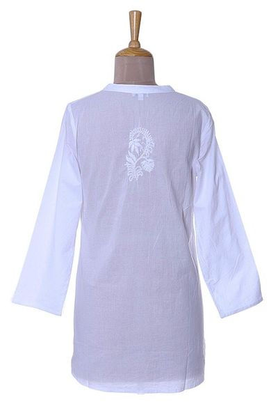 Alternate image for Long Sleeve Floral White Blouse Hand Embroidered in India Ethereal Bloom