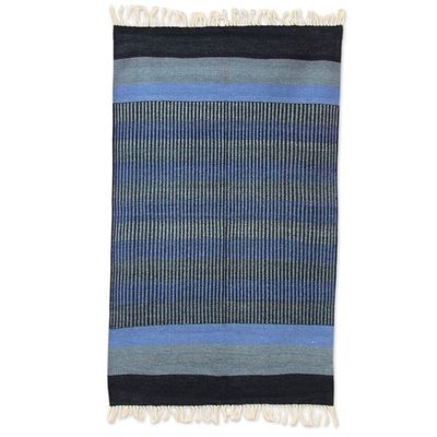 Alternate image for 3 by 5 Foot Handwoven Blue Cotton Rug from India Blue Shadow Harmony