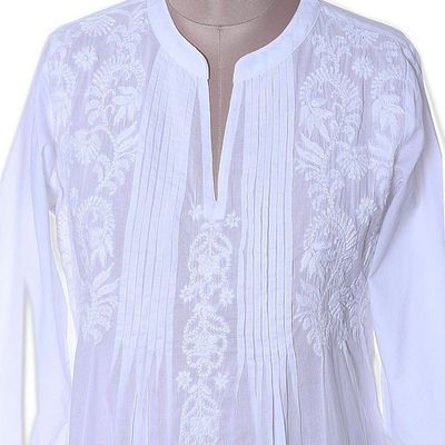 Alternate image for Long Sleeve Floral White Blouse Hand Embroidered in India Ethereal Bloom